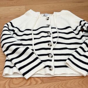 Striped Hooded Button-Down Sweater - Cream & Dark Navy Stripes